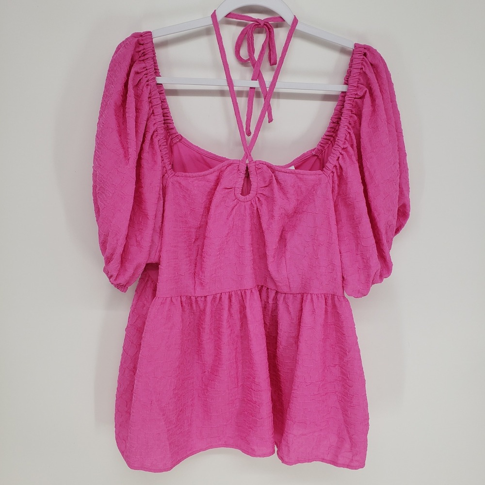 Future Collective Puff Sleeve Peplum Top Women 1X Pink Babydoll Halter Tie NEW